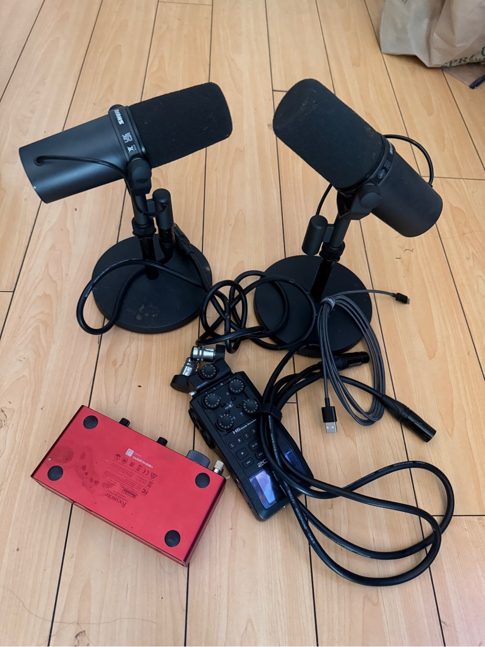 Shure Black Broadcast Microphone Duo with Red USB Audio Interface